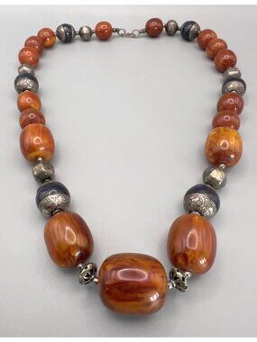 Antique Amber Lapis Lazuli Silver Tribal Necklace